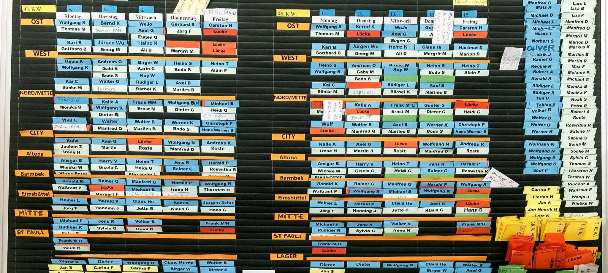 Schilder mit den Vornamen auf einem Dienstplan